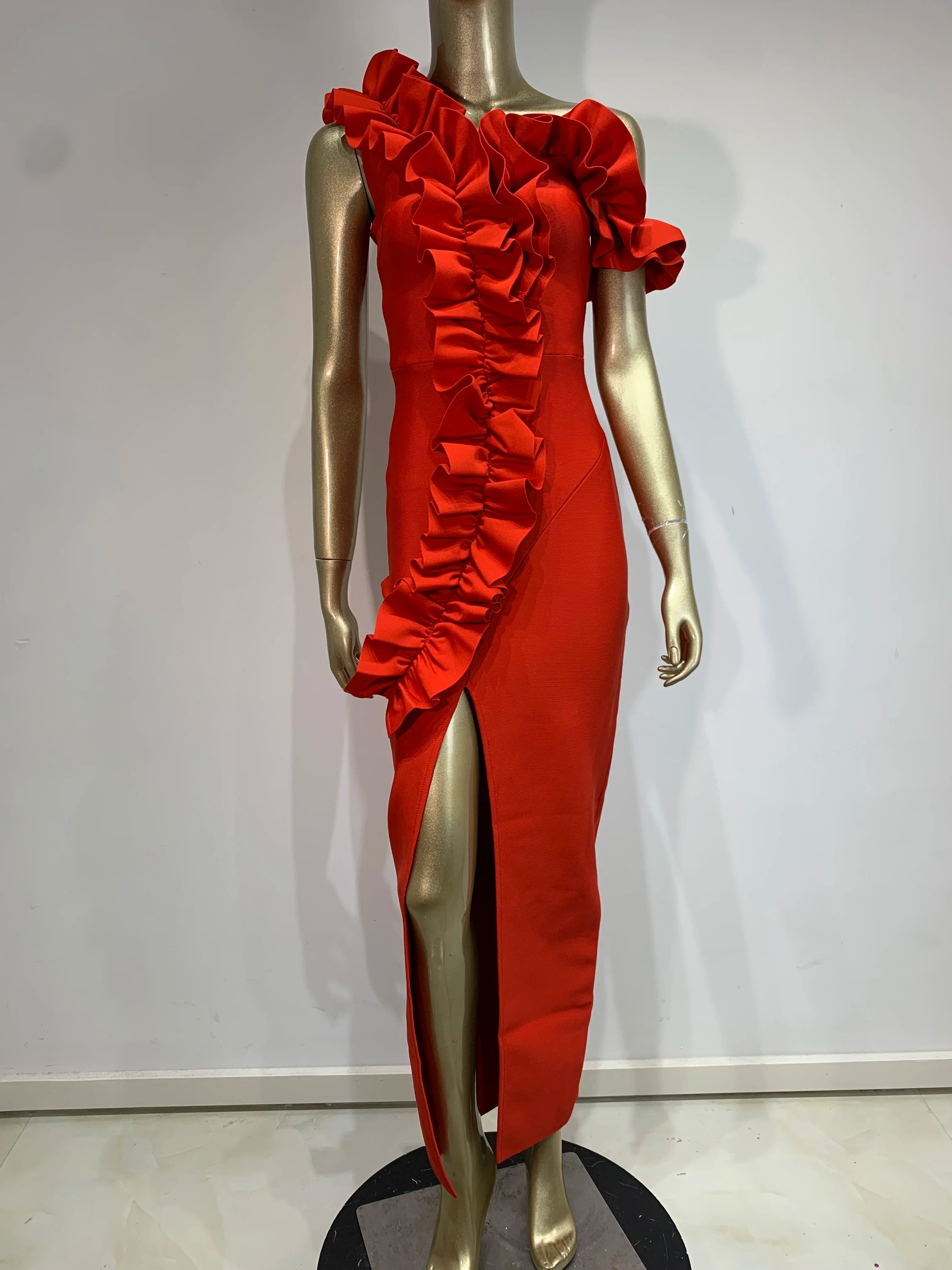 Women Celebrity Sexy Off Shoulder Ruffles Black Red Split Midi  Bodycon Bandage Dress 2024 Elegant Evening Club Party Outfit