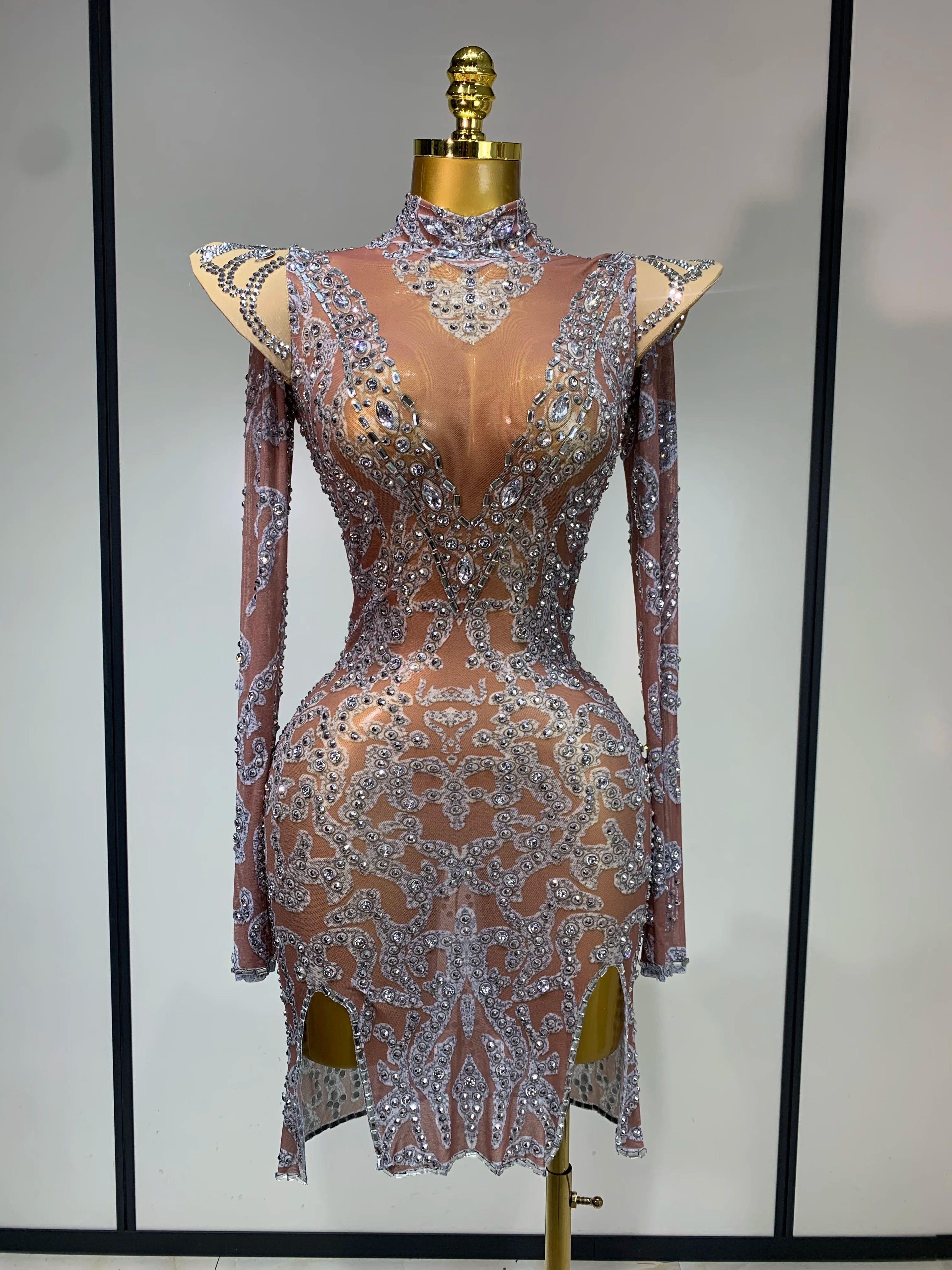 Women Shiny Rhinestones Mesh Transparent Mini Dress Luxury Birthday Celebrate Photoshoot Dress Singer Stage Drag Queen Costume