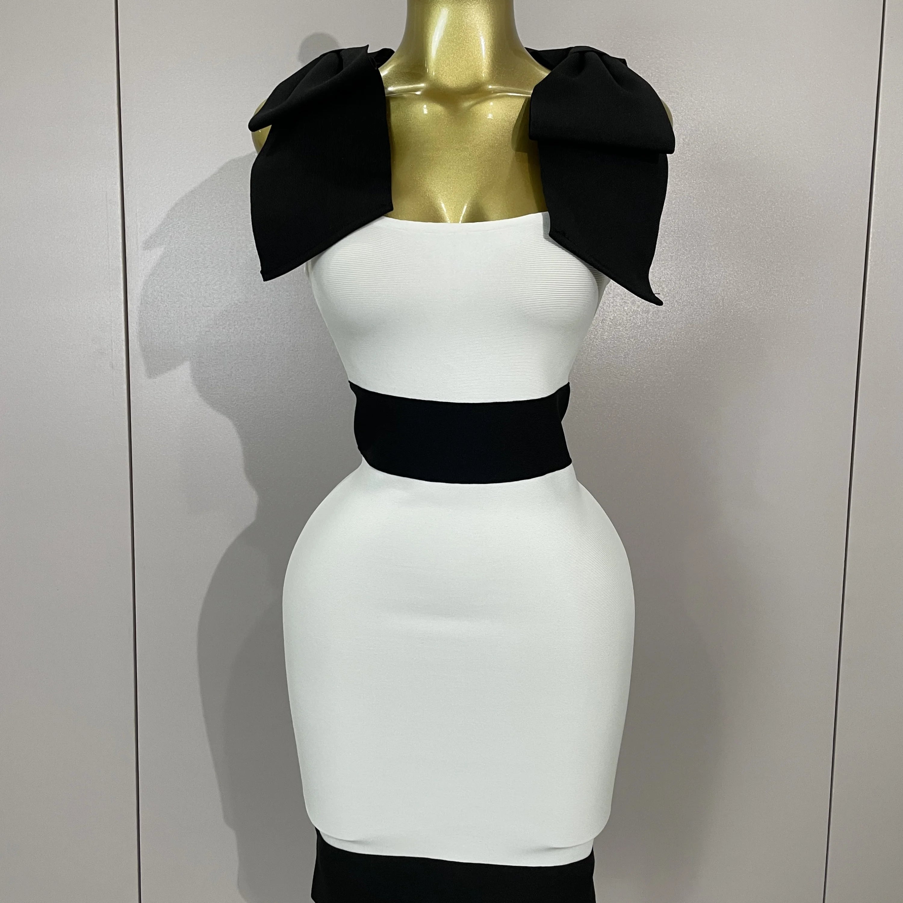 Sexy Bow Tie Black White Patchwork Bodycon Bandage Dress 2025 Women Celebrity Elegant Evening Club Party Birthday Dresses