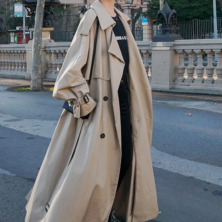Spring Autumn Extra Long Flowy Oversized Casual Trench Coat for Women Belt Double Breasted Loose Korean Fashion 2022 Khaki