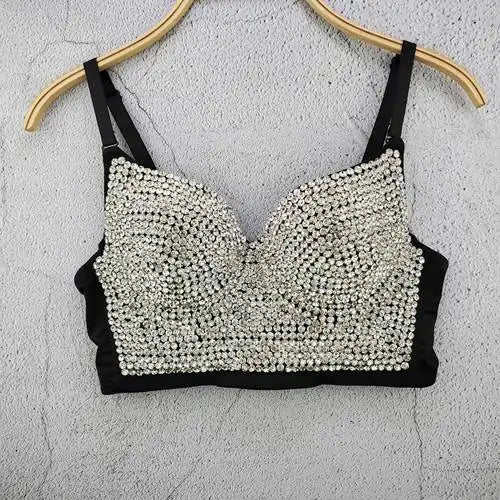 Rhinestone Bead Bustier Corset Pearls Diamond Push Up Night Club Bralette Women's New Fashion Bra Cropped Tops Plus Size black