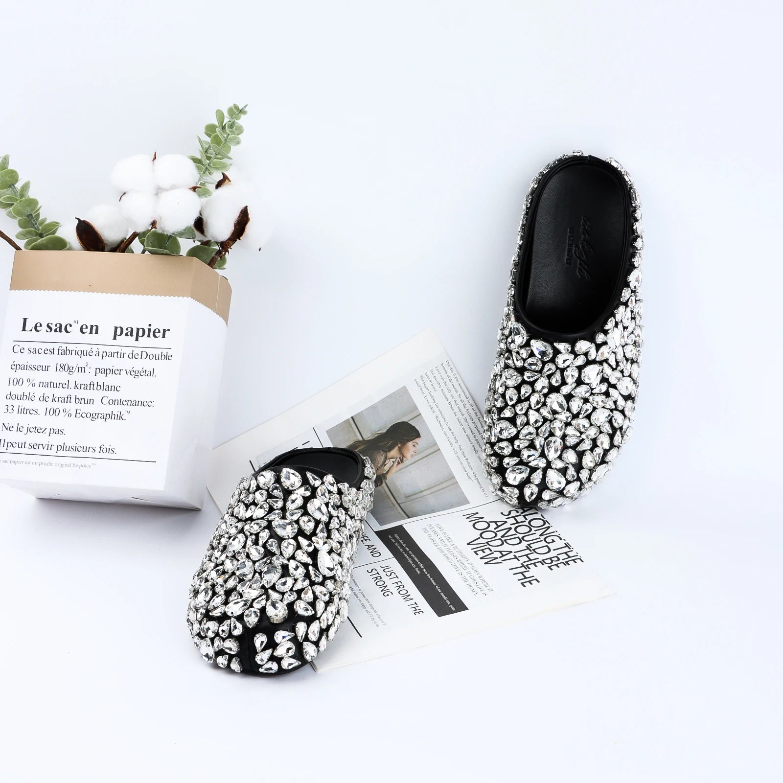 Designer Brand Handmade Rhinestone Flat Sandals Black Slippers Casual Vacation Loafers Shoes Women's Wedding Dress Shoes Black