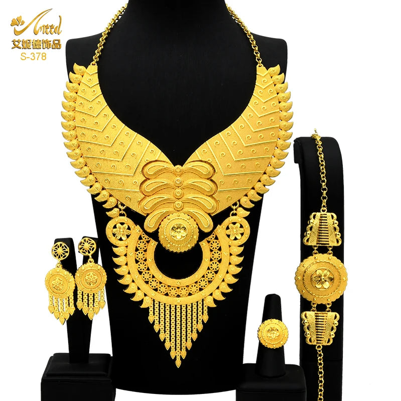 Indian Big Plated Gold Jewelry Women Necklace Sets Dubai African Party Bridal Wedding Gifts Arabic Necklace Jewelry Sets S-378