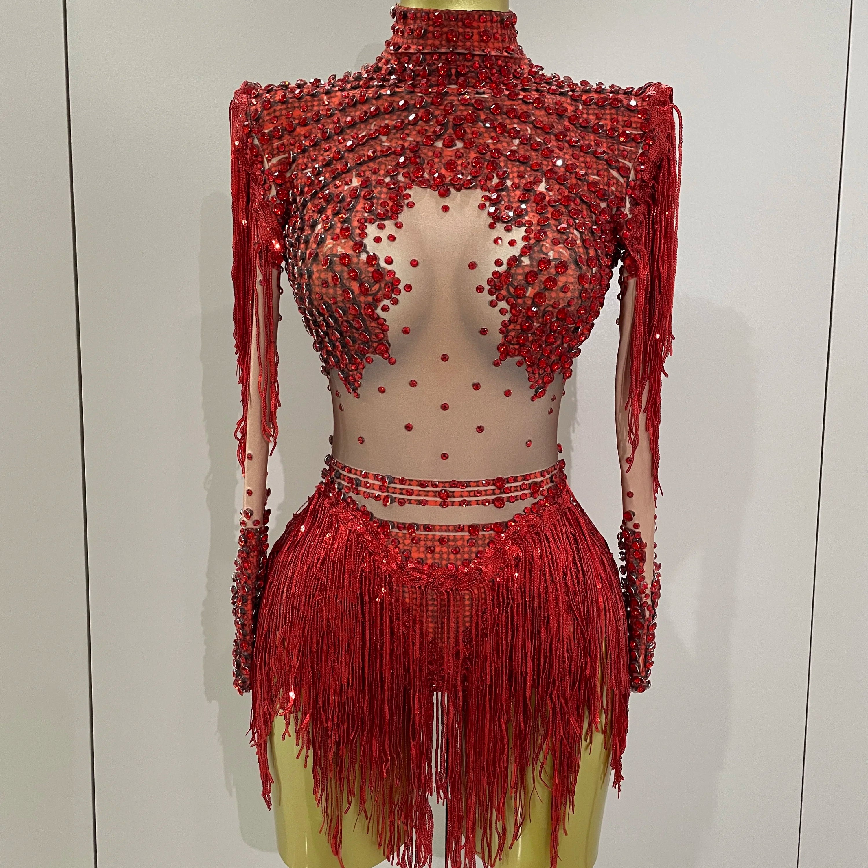 Sparkly Rhinestone Sequin Tassel Stretch Bodysuits 2025 New Arrival Women Birthday Party Nightclub Dj Stage Performance Costume