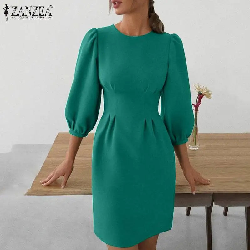Solid Women Autumn Dress Lantern Sleeve Knee-length Female Vestidos Elegant Evening Robe Fashion Party Sexy Sundress Cyan