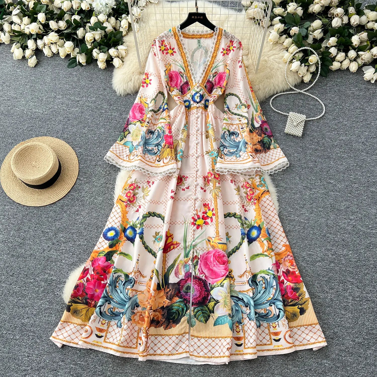 Elegant Floral Long Maxi Dresses Shirt Women Lantern Full Sleeve National Trench Print Single Breasted Lace Neck Party Vestidos