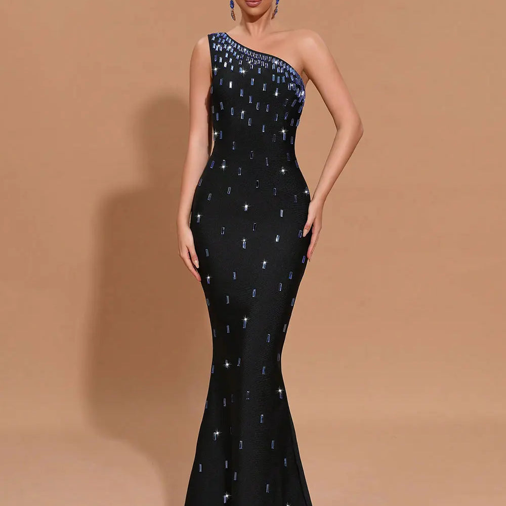 2024 Sexy Women Light Luxury Nail Bead Bandage Dress One Shoulder Slant Neck Sleeveless Bodycon Tail Dress Evening Party Vestido