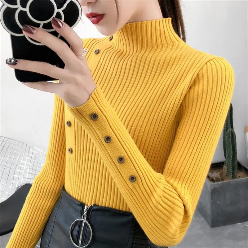 Women Autumn Knitted Slim Sweaters Solid Knitted Female Cotton Soft Elastic Color Pullovers Button Full Sleeve Turtleneck Yellow One Size