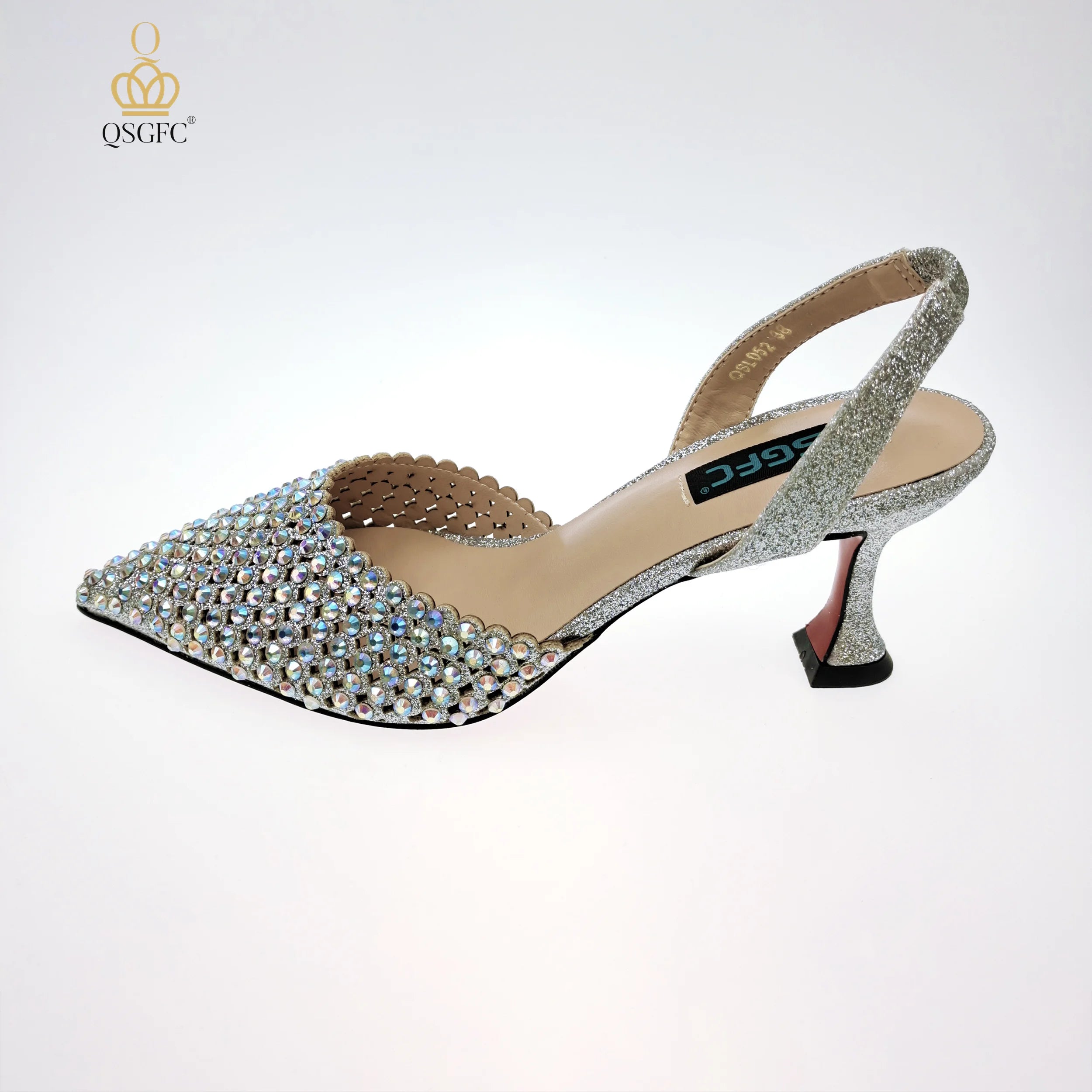 Italian Design Women Hollowed Out Embroidery Colorful Rhinestones Rainbow Color Women's Shoes and Party Wedding Bags Set ONLY SHOES SILVER