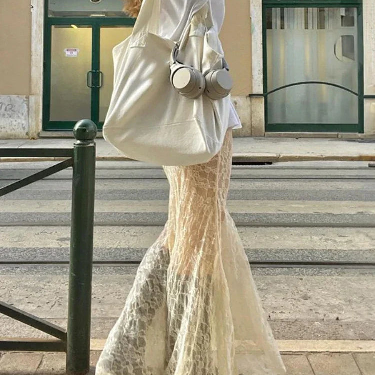 TARUXY Lace Mesh Splice Long Skirts For Women 2023 See Through Sexy High Waist Maxi Skirt Femme Club Hollow Out Skirts Ladies