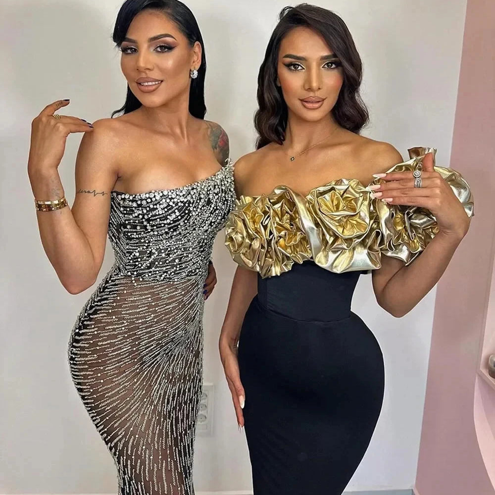 Stereoscopic Gloden Flowers Sexy One Shoulder Ankle Lenght Bandage Dress Woman Birthday Party Vestido Celebrity Party Outfit