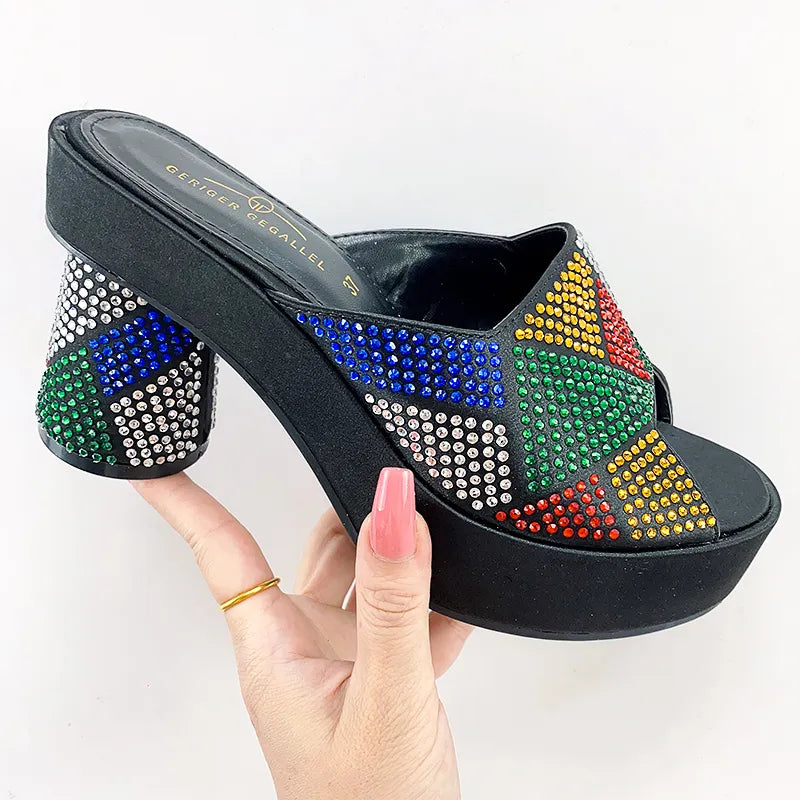 Fashion Italian Designers Luxury Round Toe Rhinestone Bright Diamond Patchwork Summer Women's Platfrom High Heels Shoes