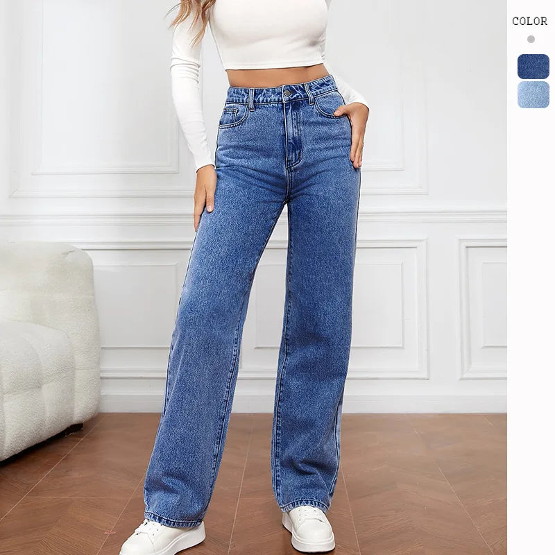 Elastic Washed Denim Fashion Straight Pants Jeans Women's Pants