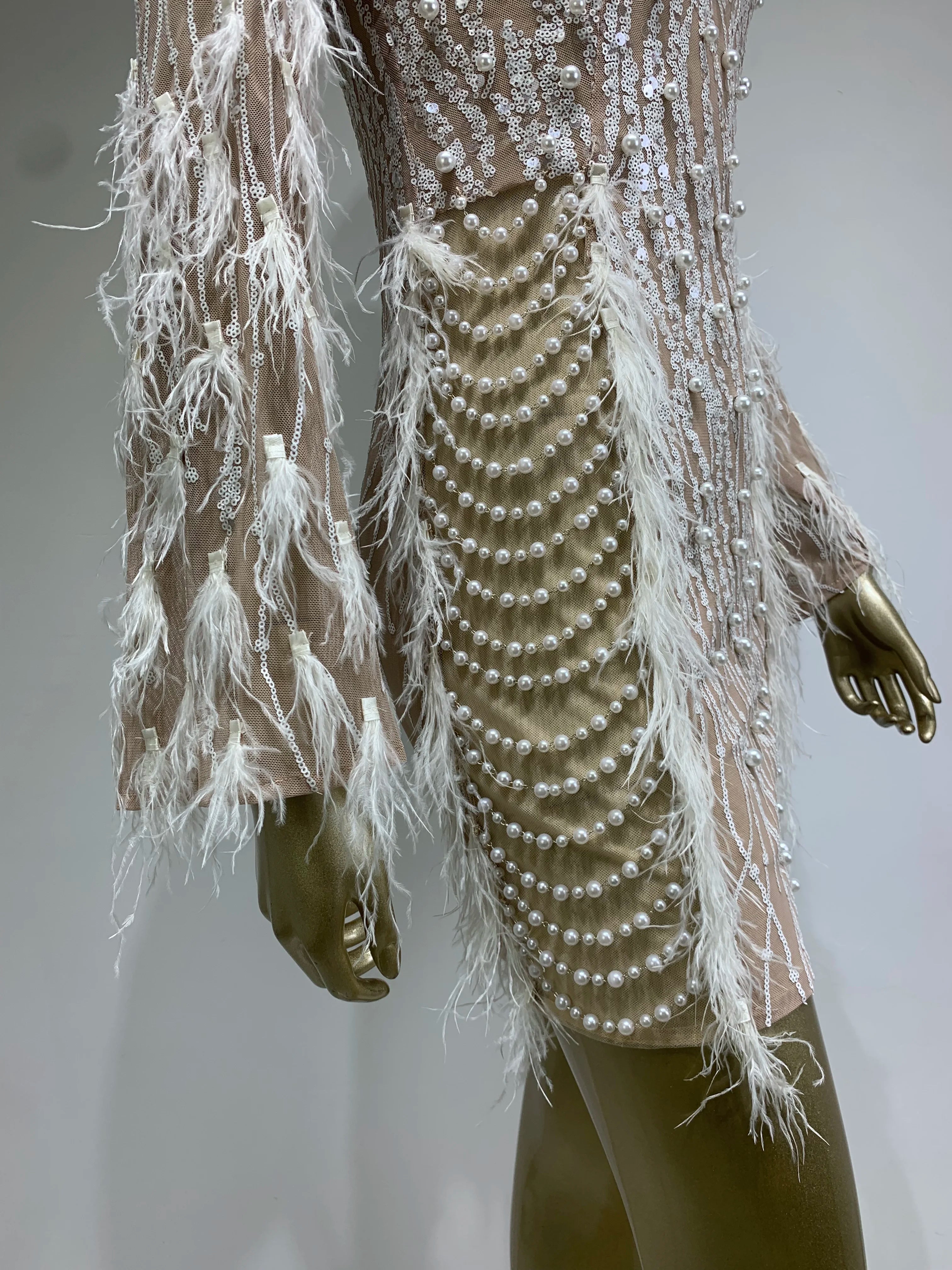 Women Celebrity Sexy Long Sleeve Feather White Mini Pearl Bodycon Gowns Dress 2024 Elegant Evening Party Club Dress