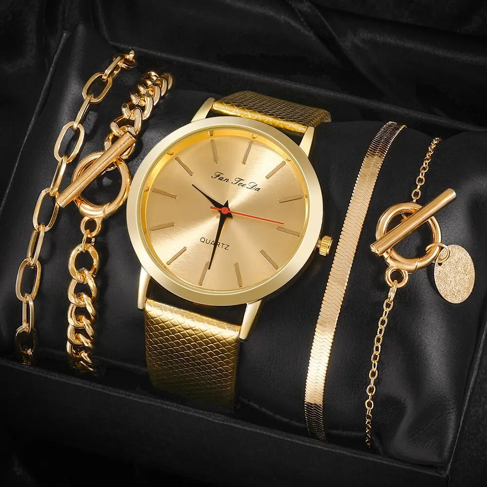 5PCS Set Womens Fashion Quartz Watches For Women Leather Watch Ladies Casual Dress Gold Dial Wrist Watch Clock Montre Femme Gold