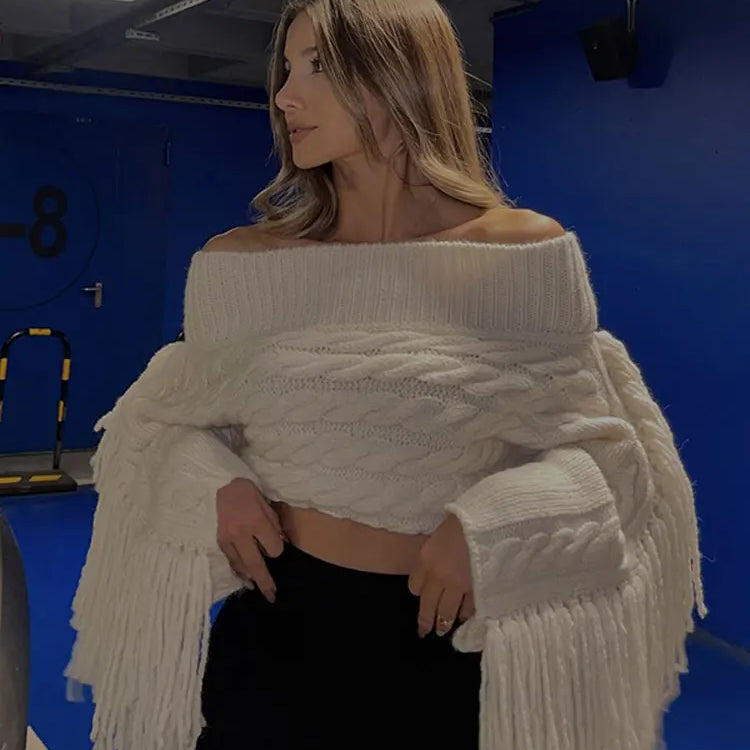 Thicken White Tassel Off Shoulder Sweater Women Elegant Slash Neck Long Sleeve Short Wool Pullover Winter Lady Knit Jumpers