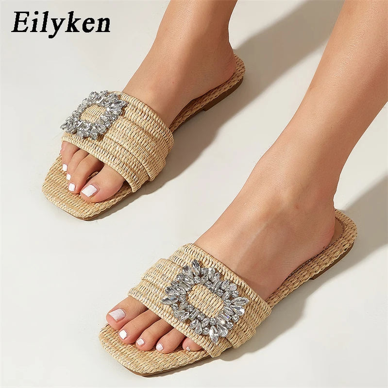 Eilyken Verão Glitter Strass Chinelos Femininos Brilhante Diamante Flat Bottom Cane Cristal Sandálias Praia Slides Sapatos Zapatos muje