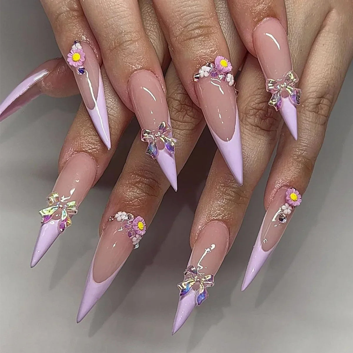 24Pcs Long Stiletto False Nails with 3D Flower Reusable Fake Nails Press on Powder Blusher Design Finished Full Cover Nails Tips