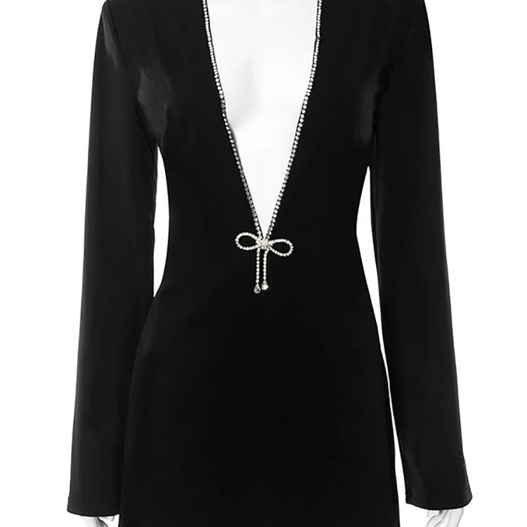 Sexy Deep V-neck Diamonds Sparkling Women Dress Black Long Sleeve Evening Dress Autumn Slim Elegant Party Clubwear