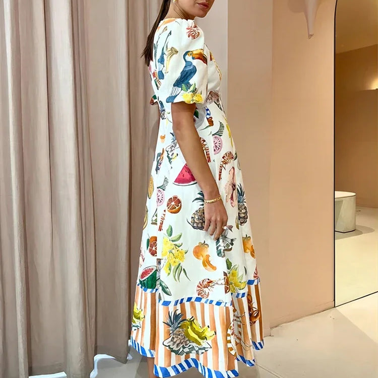 Holiday Beach Style Fruit Maxi Dresses NEW Summer Trendy and Unique Graffiti Print Bodycon Versatile Dress for Women