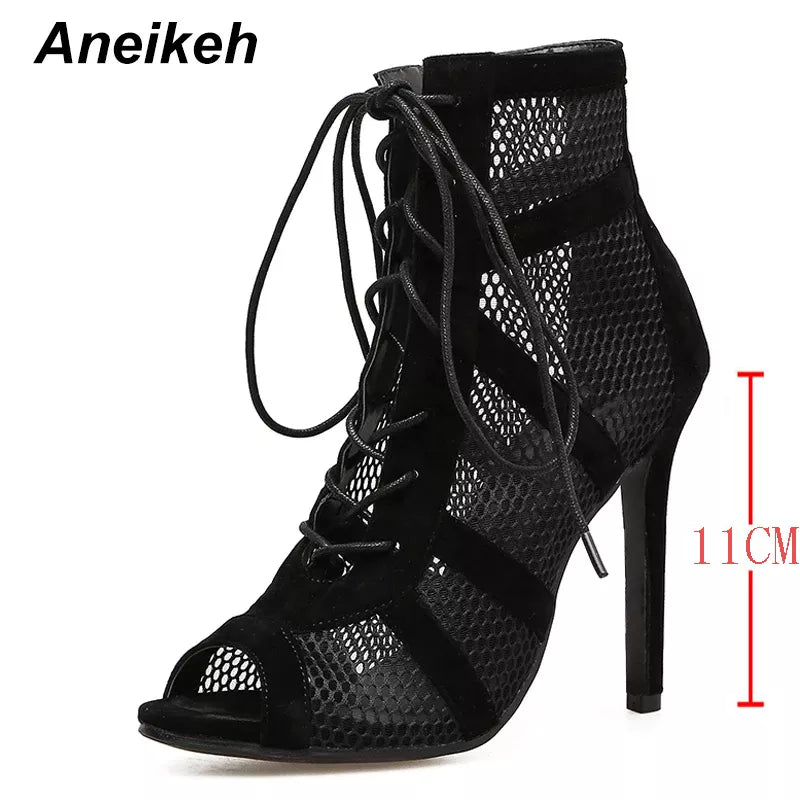 Fashion Basic Sandals Boots Women High Heels Pumps Sexy Hollow Out Mesh Lace-Up Cross-tied Boots Party Shoes 35-42 11CM-Black