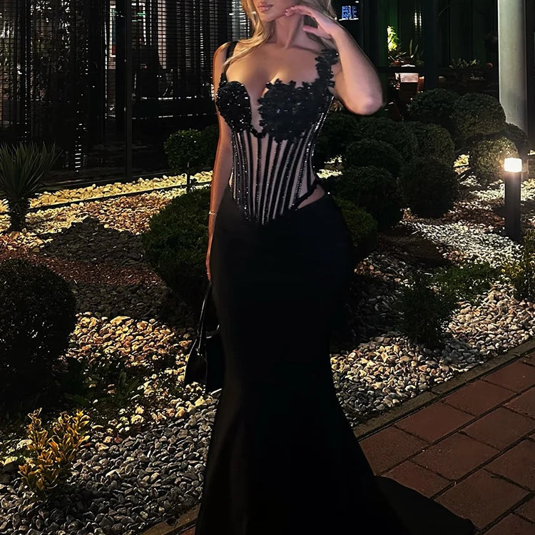 VC Glamorous Black Halter Sequin Flower Mesh Top Mermaid Dress for Galas Evening Gown