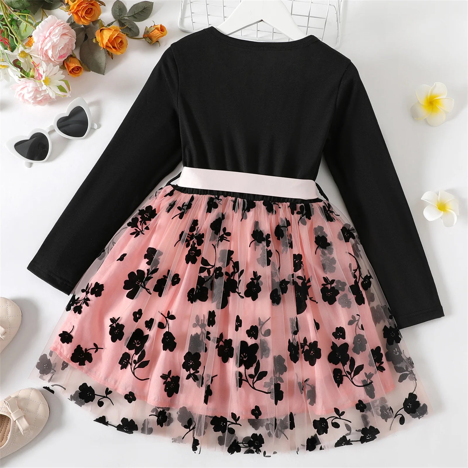 Kid Girl Dresses Floral Embroidered Belted Mesh Splice Long-sleeve Dress Kids Clothes