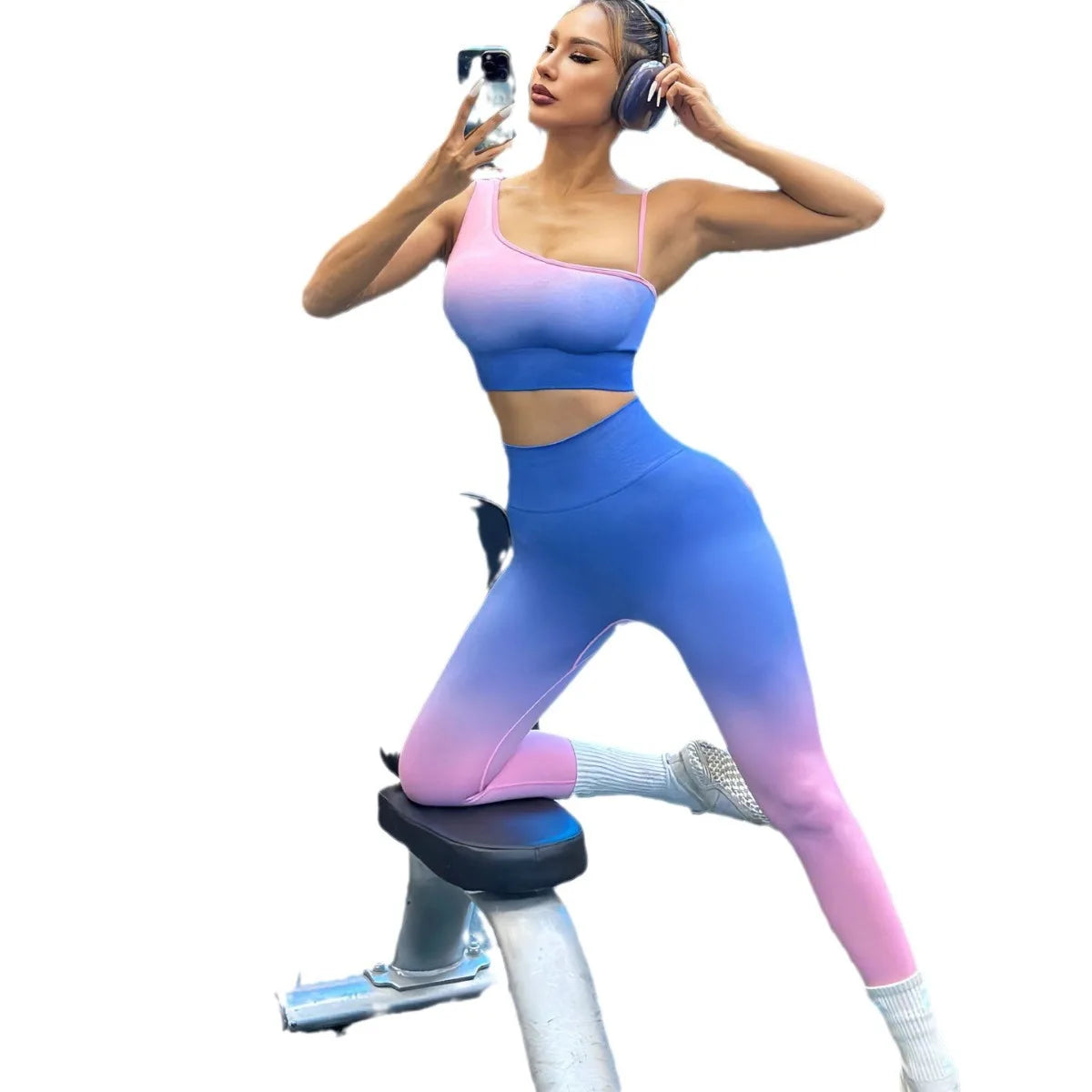 Sexy gradient sling tie-dye set beautiful back yoga bra suspenders high waist hip lift yoga pants set sport set women gym set