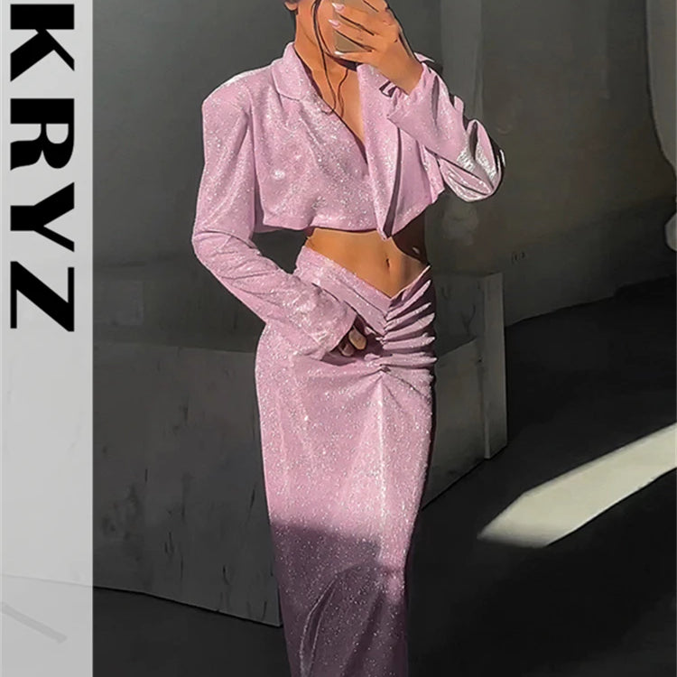 Ladies New Bling Glitter Slim Dress Set 2 Pieces Long Sleeve Pad Crop Top And Maxi Skirt Evening Party Night Club Women Outfits
