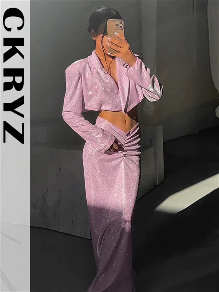 Ladies New Bling Glitter Slim Dress Set 2 Pieces Long Sleeve Pad Crop Top And Maxi Skirt Evening Party Night Club Women Outfits