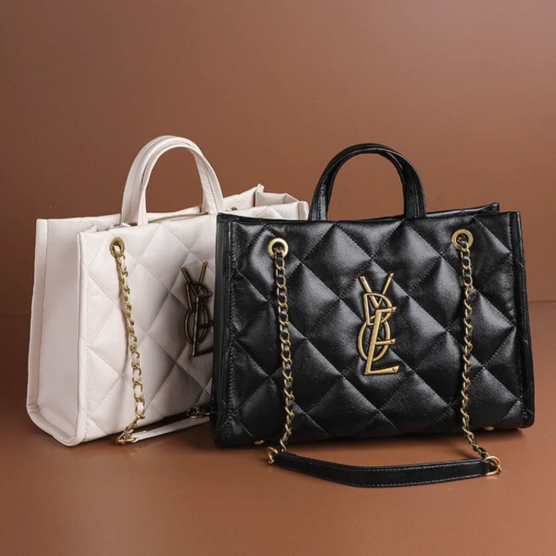 2025 New Women Genuine Leather Quilted Chain Tote Bag, Large Capacity Crossbody Sling Chic Shoulder Purse for Work and Travel