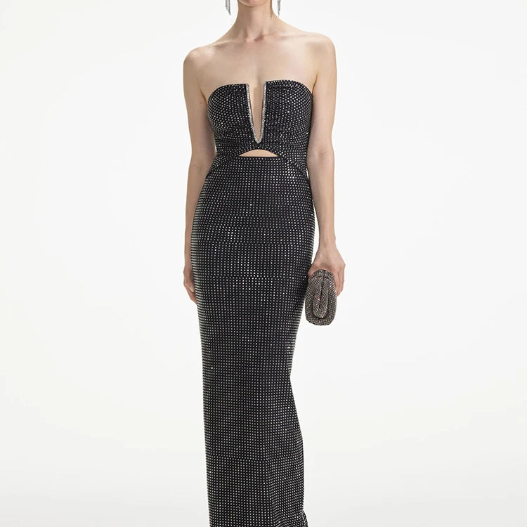 VC Strapless V Neck Sparkling Diamonds Bandage Long Dress Women Black Sleeveless Backless Shiny Bodycon Celebrity Evening Gowns