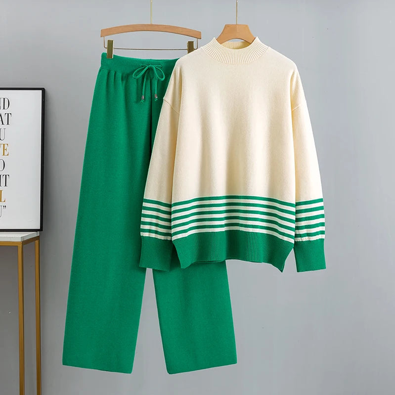 GIGOGOU Euro Designer Autumn Winter Women Sweater Tracksuit 2 piece Set Oversized Ladys Knitwear + Wide Leg Pants Warm Suits color 12 One Size