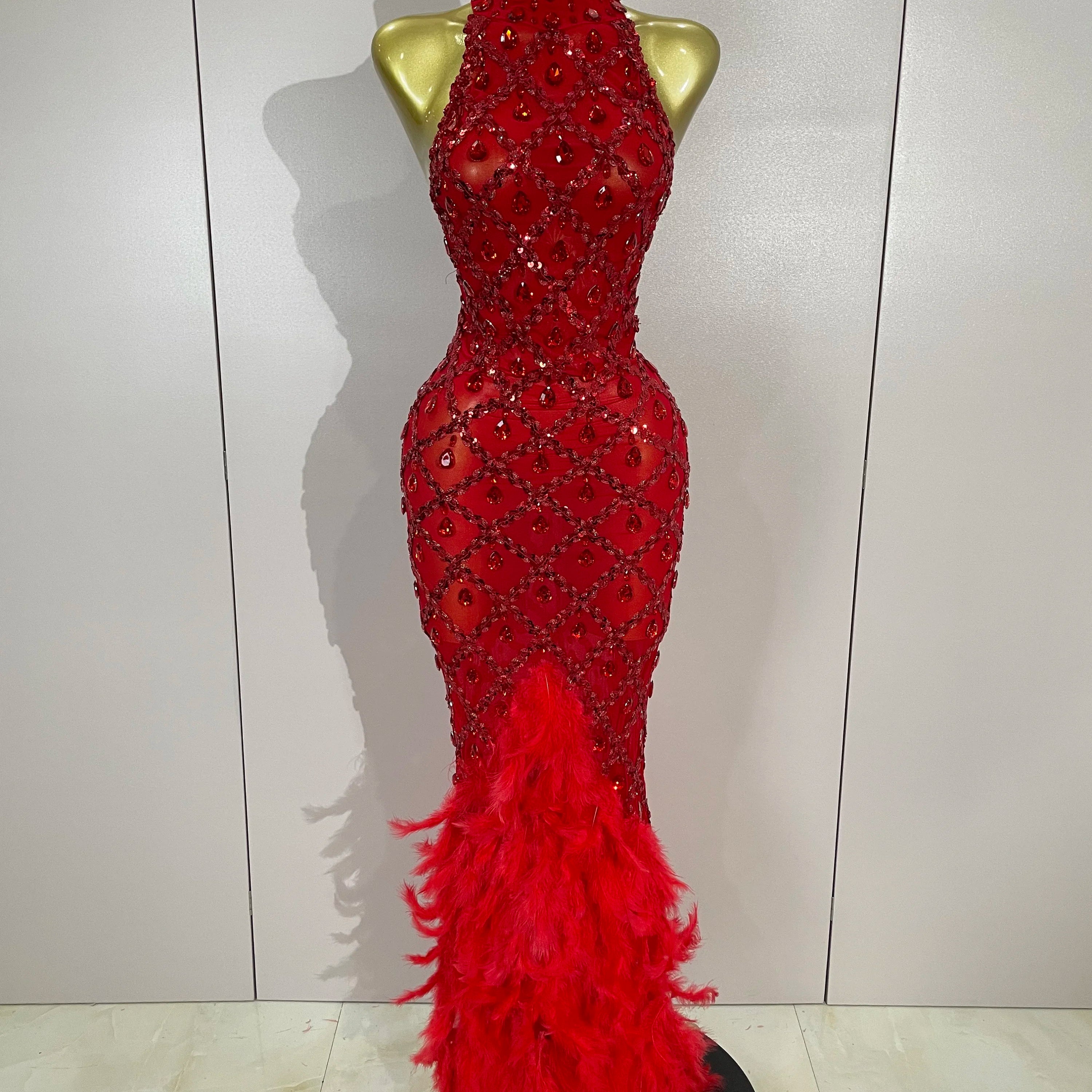 Luxury Shining Gold Rhinestones Feather Sexy Mesh Long Dress Women Birthday Evening Red Carpet Fashion Show Gown Stage Costume