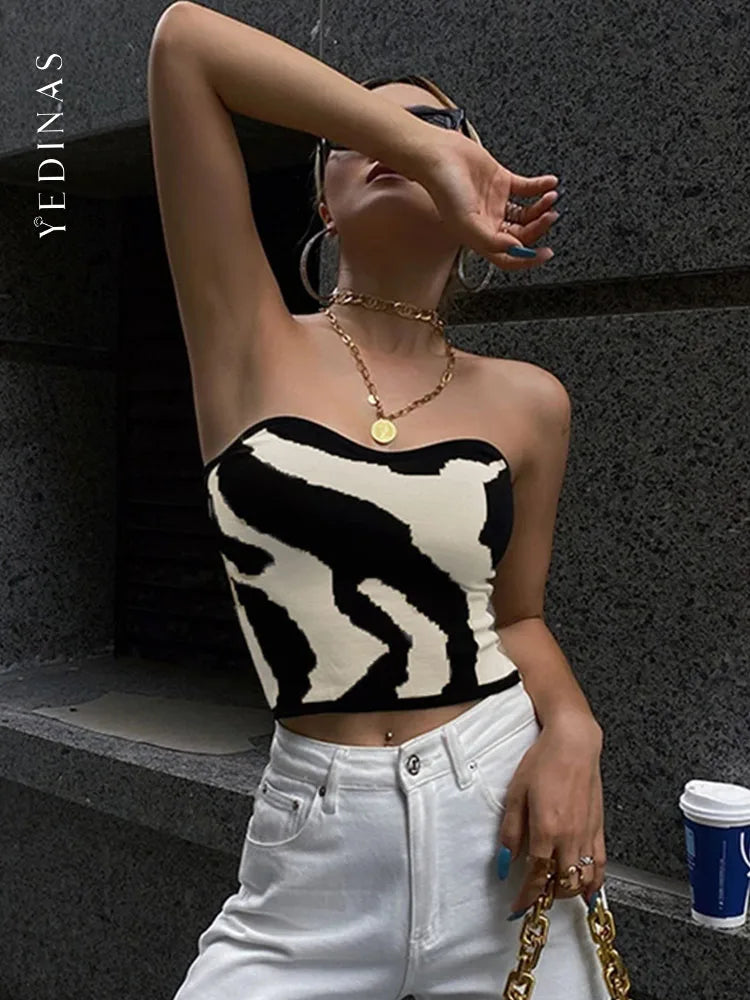 Yedinas Streetwear Patchwork Slim Cropped Feminino Sleeveless Tank Top Women Sexy Skinny Top Femme Corset Tube Korean Style 2022