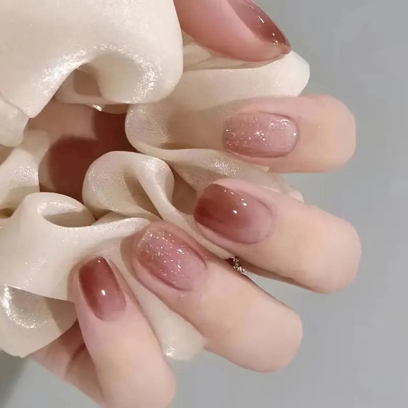 24Pcs Simple Short Gradient Nail Art with Jelly Glue Elegant Ballet Square Wearable False Nails Glitter Sweet Acrylic Nails Set