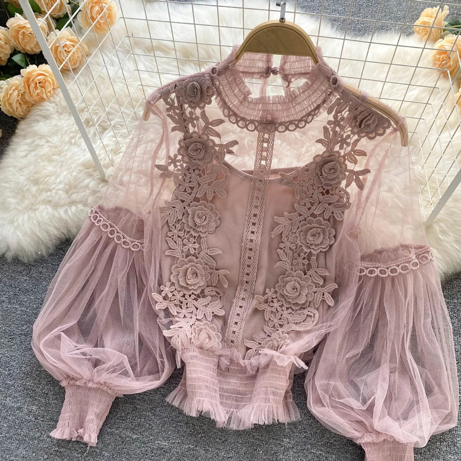 Flower Lace Women Shirts Fashion Slim Lantern Sleeve Ladies Blouse Comfortable Vintage Autumn Winter Thin Perspective Gauze Tops Skin Pink One Size