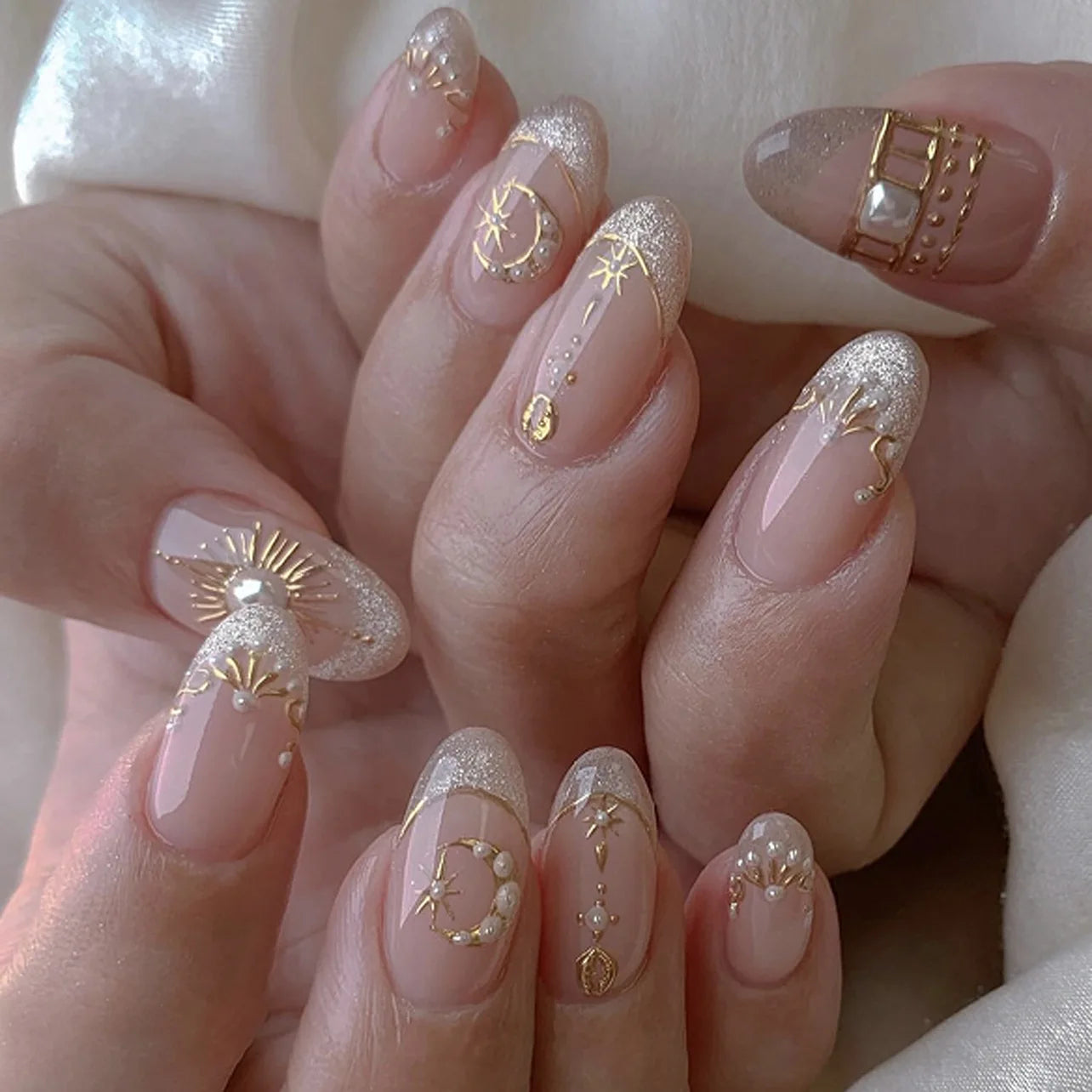 24pcs French Almond Press on Nails Flower Pattern Fake Nails False Nails Artificial Tips Накладные Ногти Uñas Postizas Mujer 네일팁