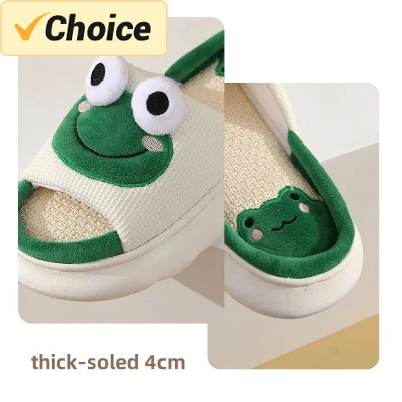 Men Women Home Linen Slippers Four Seasons Adults Home Sandals Couples Cute Frog Shoes Soft Cartoon Flip Flops Indoor Slides