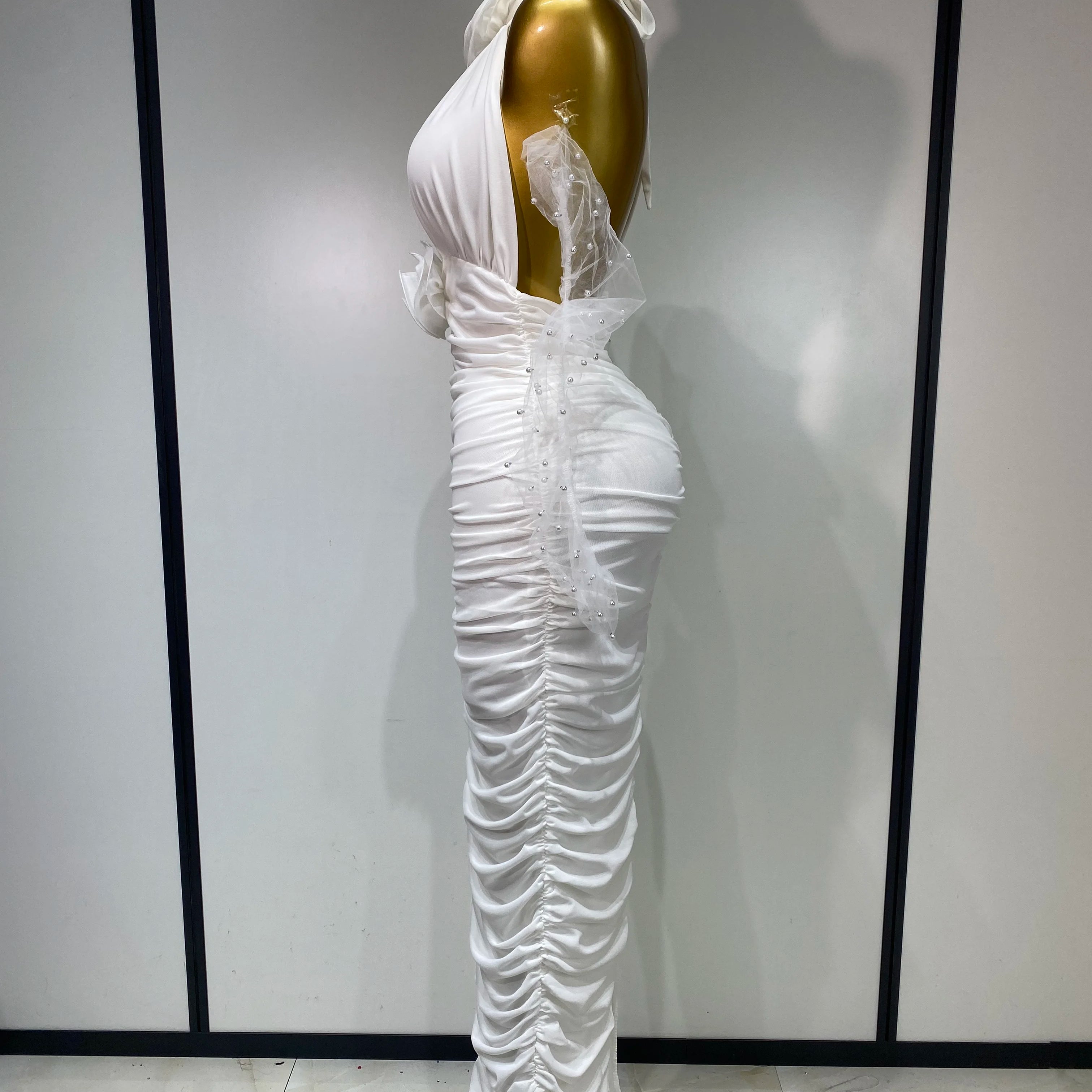 Women Sexy Cut Out Flower Pleated Bodycon Long Dress Celebrity White Elegant Evening Party Cocktail Luxury Birthday Dress