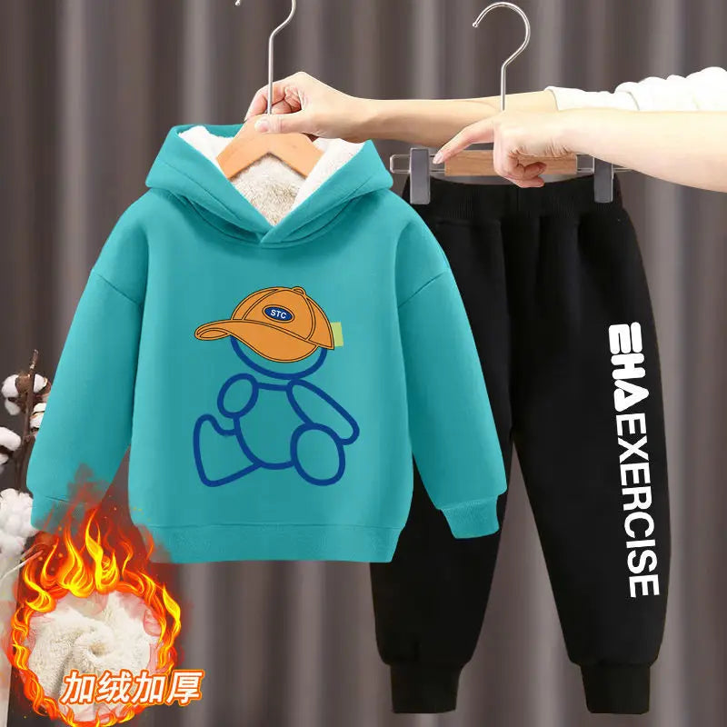 Boys Girls Clothes Hoodies Trousers Sets New Kids Cartoon Autumn Winter Long Sleeve Fleece Warm Sweatshirts Outfits 2Pcs 2-12Y 2pcs Lake blue A