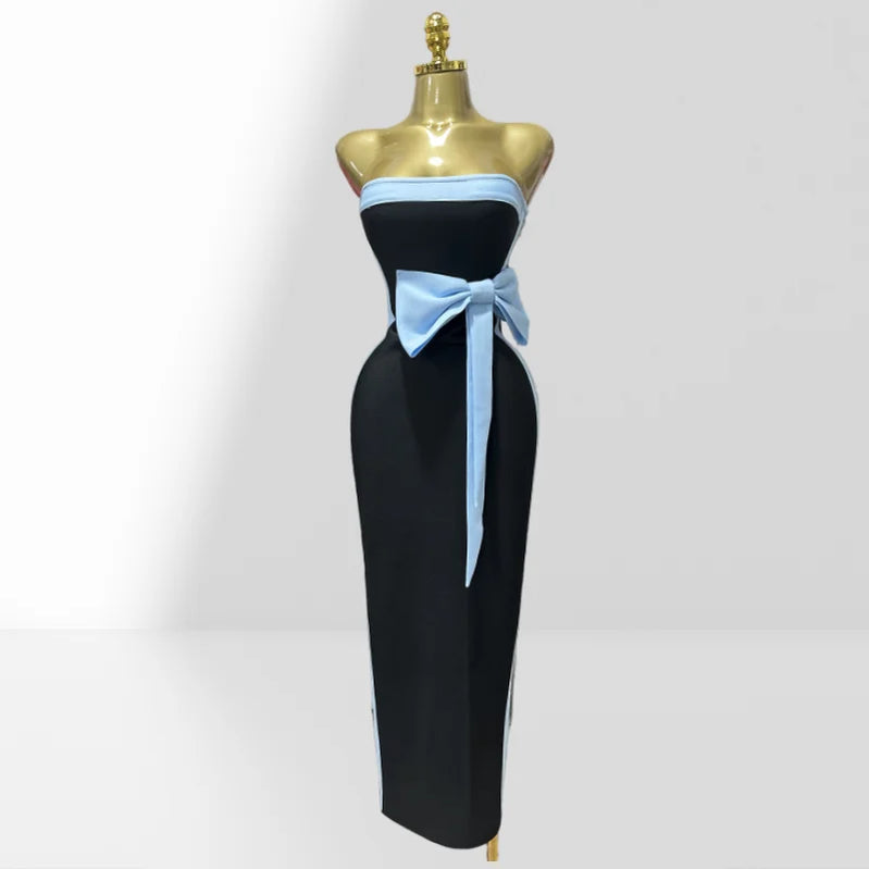 2025 Graceful Bow Sleeveless Strapless Sheath Black Bandage Ankle Lengh Dress  Woman Party Vestido Celebrity Cocktail Outfit