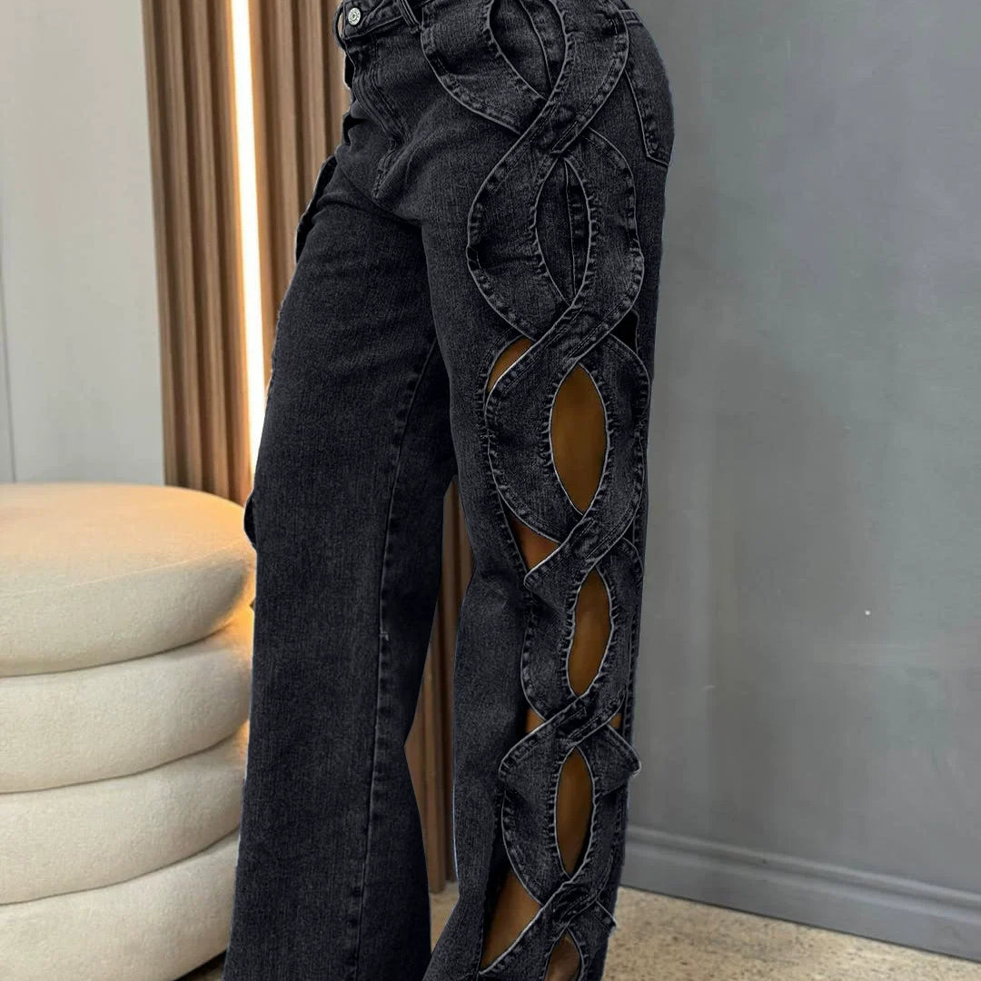 CM.YAYA Women Streetwear Cutout Hollow Out Criss Cross Side Wide Leg  Blue Denim Pants 2025 Fashion Sexy Party Jeans Trousers