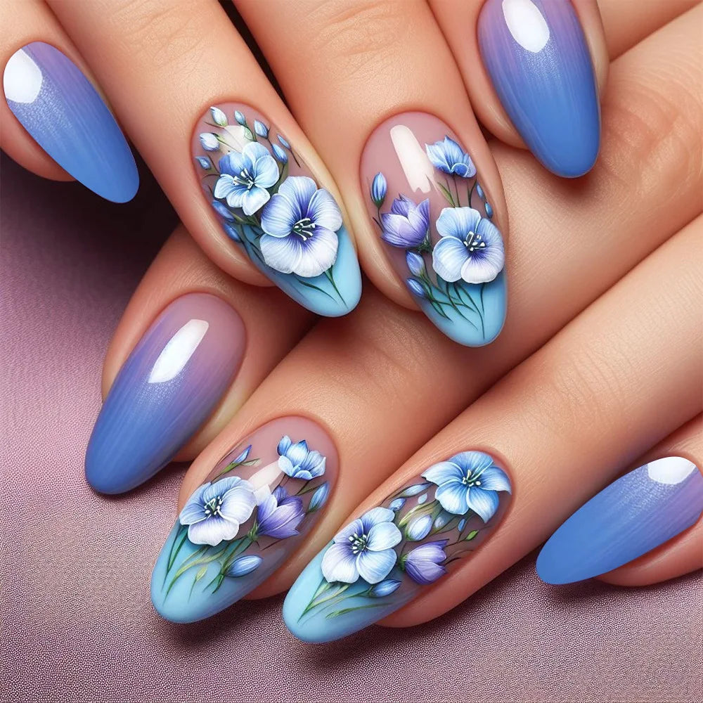 24Pcs Press on False Nails Simple Garden Fresh Flowers Design Sweet Fake Nails Tips Art Wearable Almond Stiletto Oval Manicure