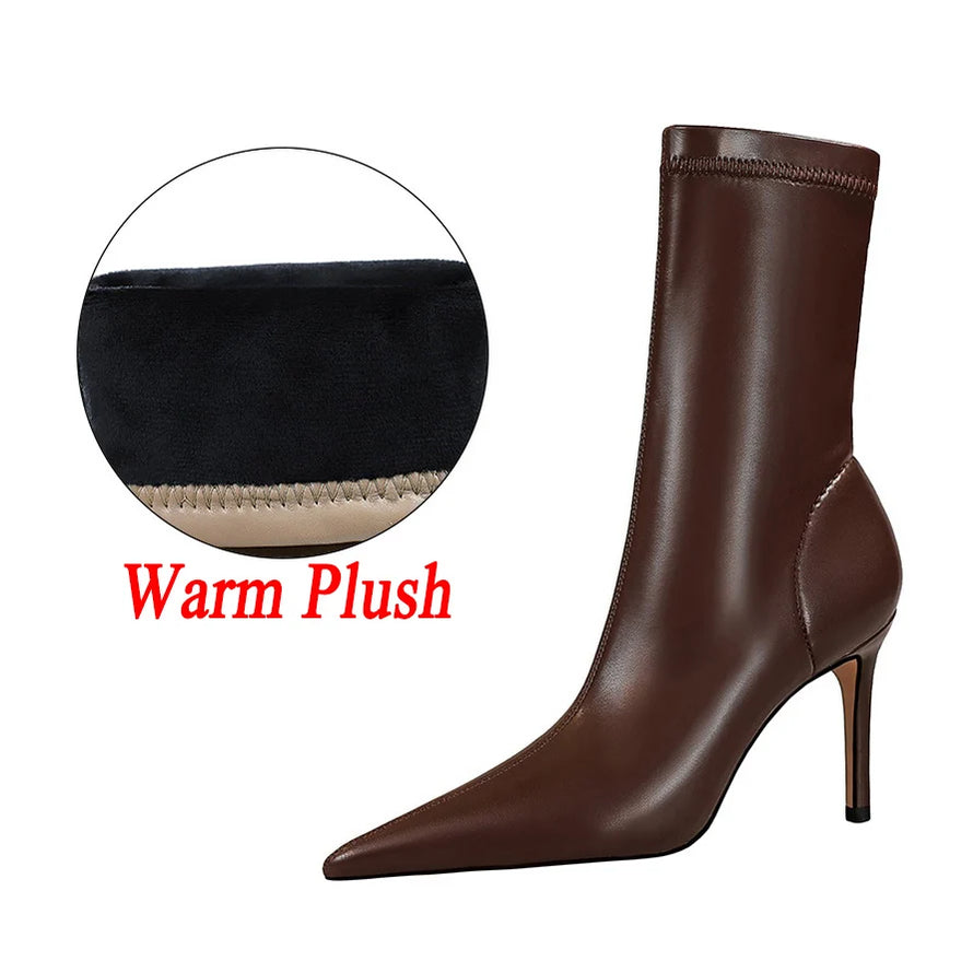 Women Leather 7.5cm 9.5cm High Heels Boots Lady Brown Spring Winter Warm Pointed Toe Boots Fetish Booties Nightclub Party Shoes 7.5cm Brown-Warm