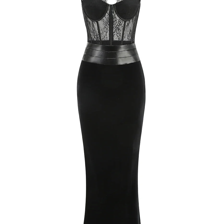 Black Color Women Sleeveless Sexy Strap Lace Bodycon Long Dress Valentine's Day Celebrate Birthday Vacation Outfit Vestido