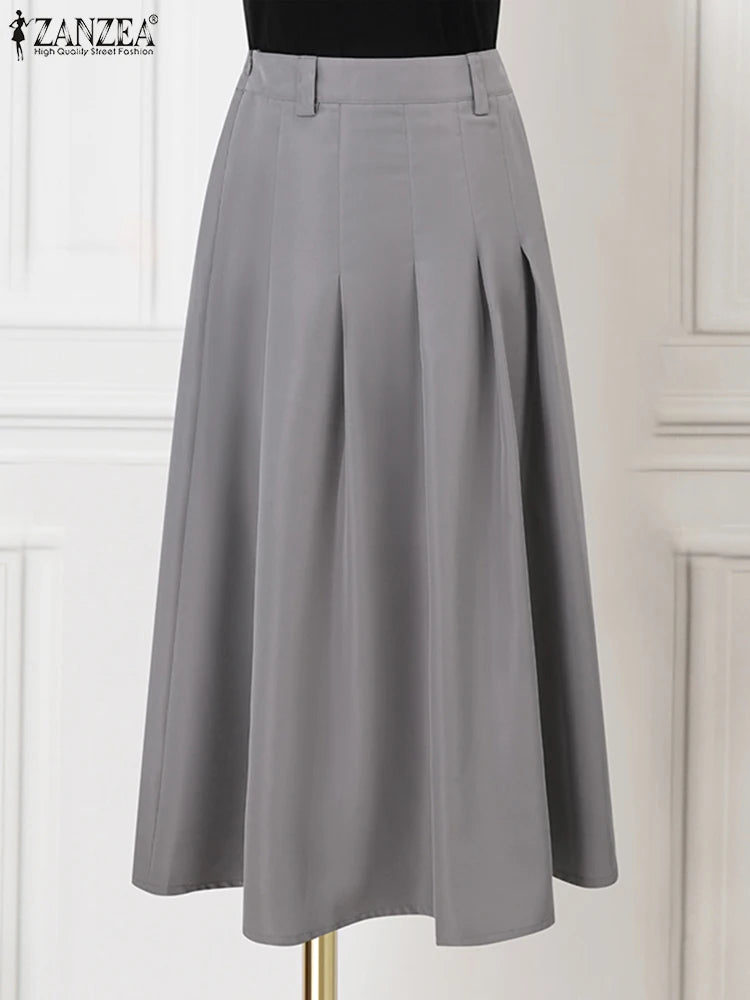 Women High Waist Jupe Korean Fashion Pleating Skirt Vintage Office Lady Spring Falda Holiday Loose Solid Maxi Skirts