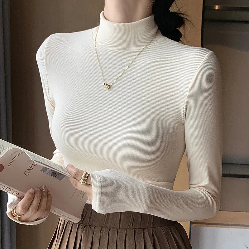New Knitted Half-turtleneck Pullovers Women Bottom Shirts Sweater Jumper Elegant Korean Fashion Long-sleeved Tops Knitwear Beige