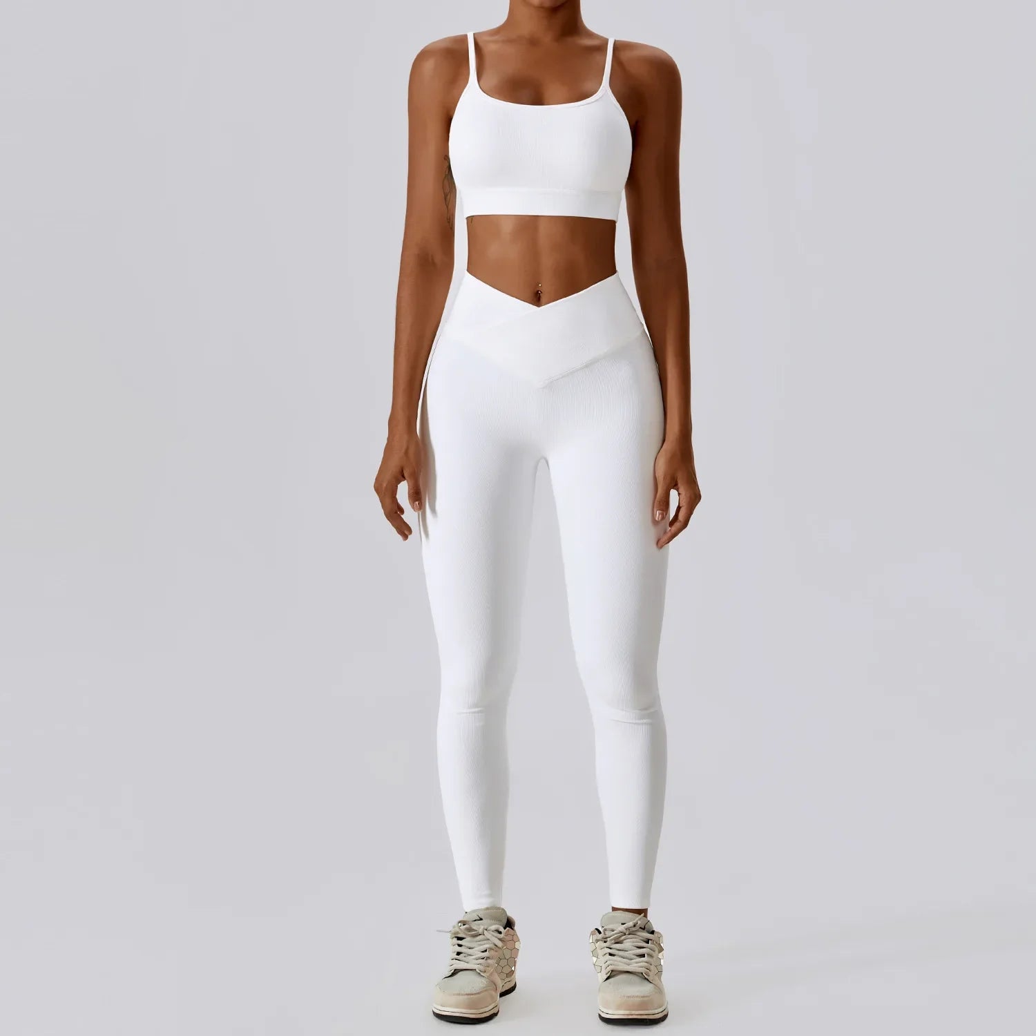 2PCS Seamless Yoga Set Gym Clothes Sportswear Yoga Suits For Women Fitness Rib Tracksuits Sports Bra Gym Leggings Sports Suits Swan White Set-2 CHINA