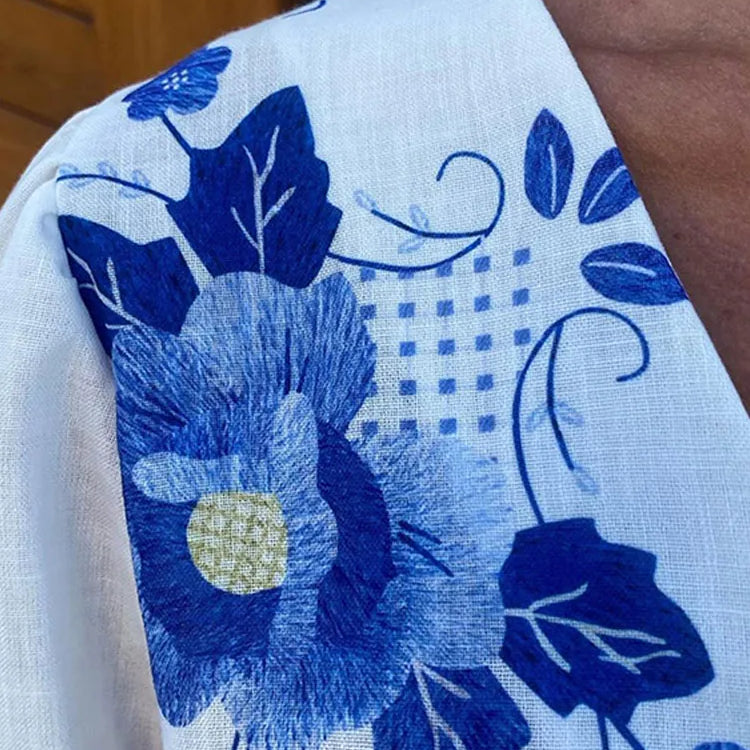 Elegant Flower Print Short Puff Sleeve Shirt Women Fashion Loose V Neck Lace Up Ruffles Blouse Spring Summer Female Streetwear